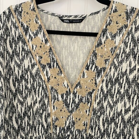 Zara Black and Off-white Dress with Embroidery and Beading Cotton/Linen Blend XL - Picture 3 of 15